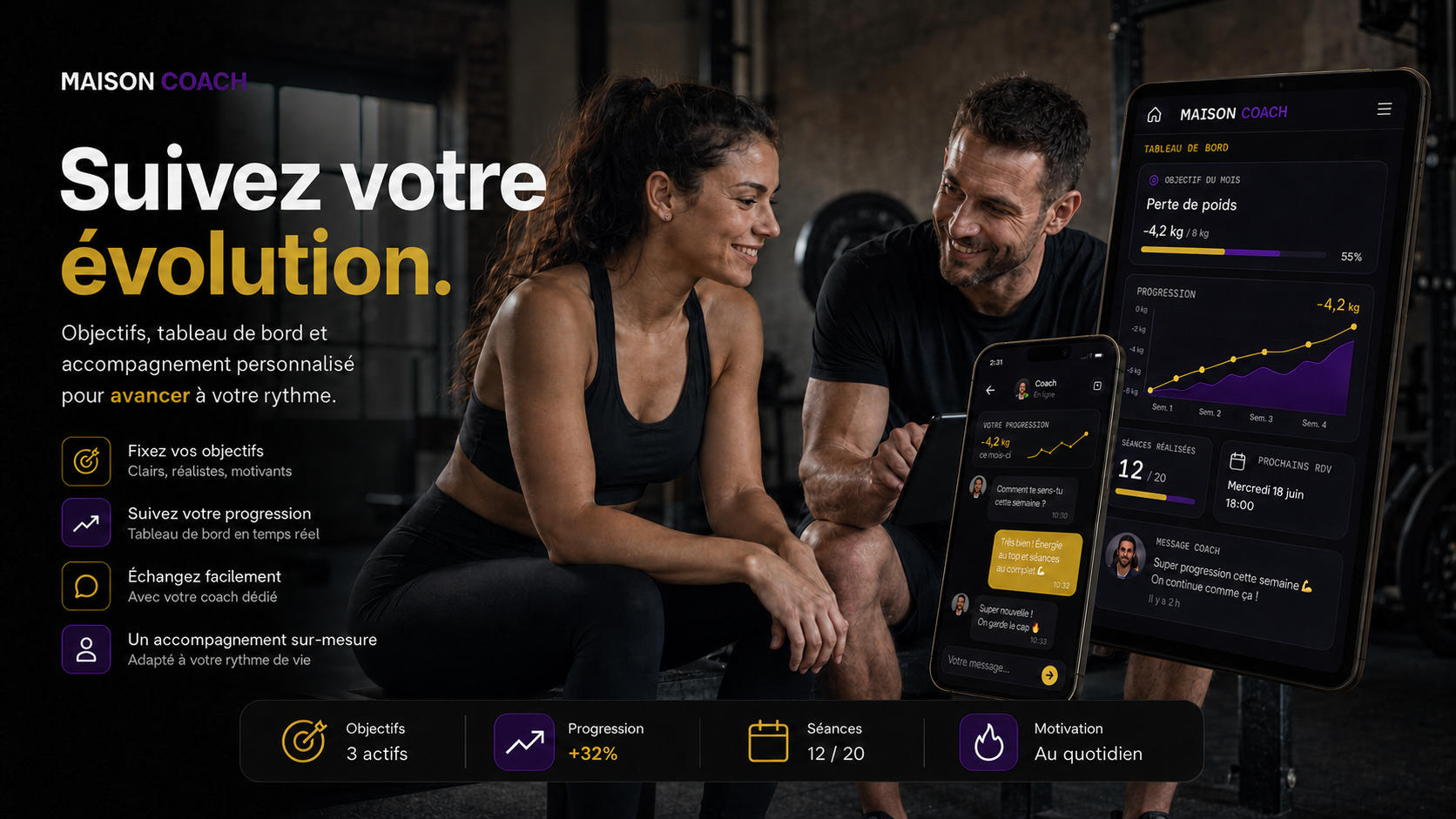 Tableau de bord Maison Coach présentant le suivi des objectifs, la progression, les rendez-vous et la messagerie avec un coach.